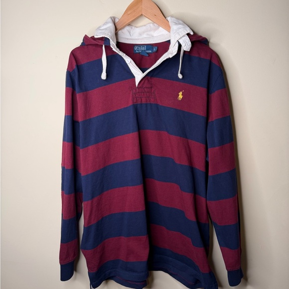 VTG Polo Ralph Lauren Men’s L Hooded Rugby Long Sleeve Striped Navy Maroon Pony - Picture 2 of 4
